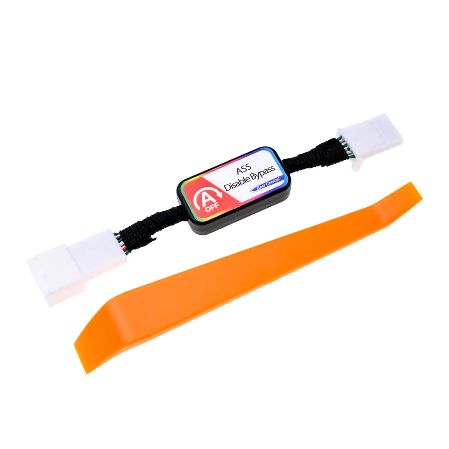 A rectangular ASS Disable Bypass module with colorful labeling, featuring two connectors  and a toggle switch marked "OFF" for disabling vehicle systems. An orange removal tool is included in the package.