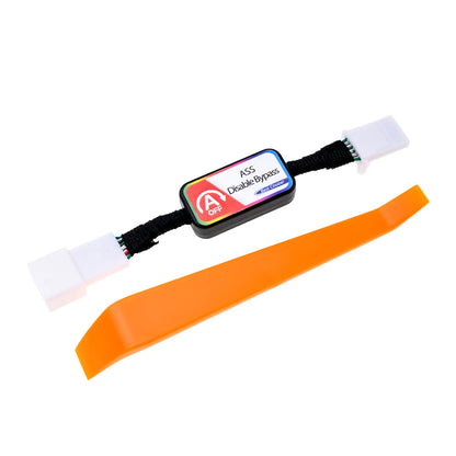 A rectangular ASS Disable Bypass module with colorful labeling, featuring two connectors  and a toggle switch marked "OFF" for disabling vehicle systems. An orange removal tool is included in the package.