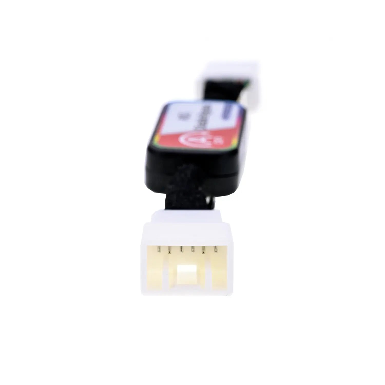 A rectangular ASS Disable Bypass module with colorful labeling, featuring two connectors  and a toggle switch marked "OFF" for disabling vehicle systems. There is a white 6-pin male connector on one end.