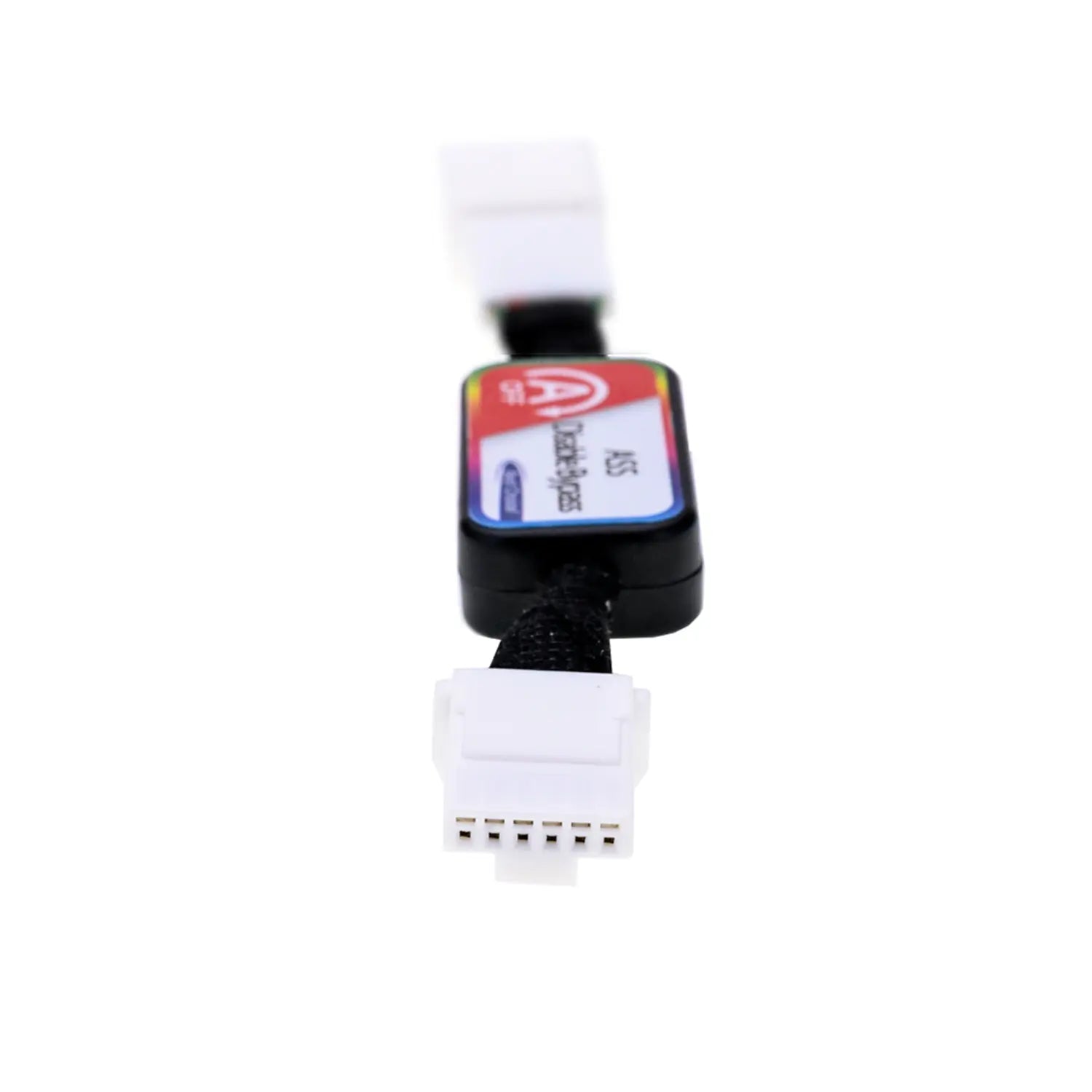 A rectangular ASS Disable Bypass module with colorful labeling, featuring two connectors  and a toggle switch marked "OFF" for disabling vehicle systems. There is a white 6-pin female connector on one end.