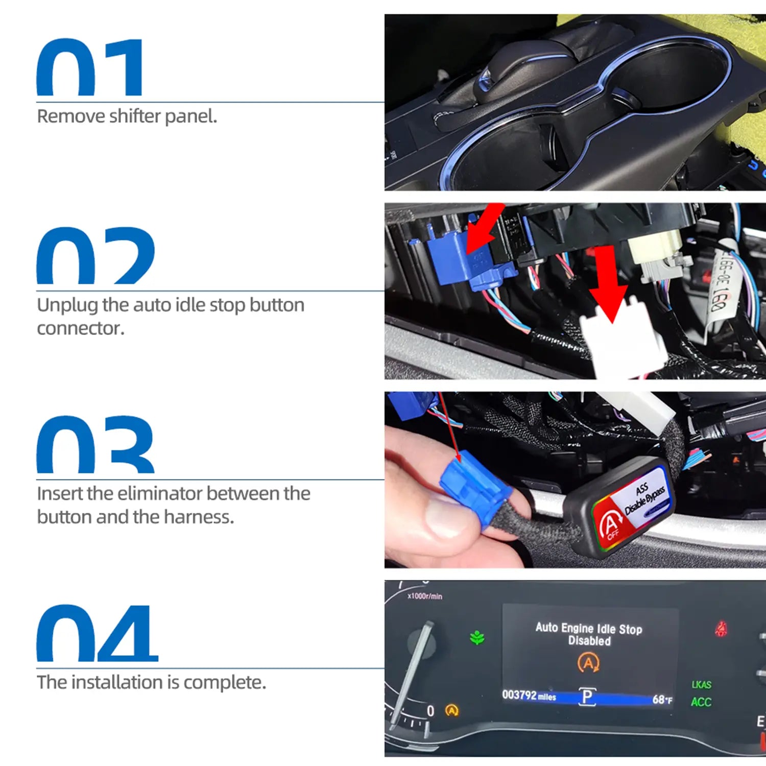A four-step installation: Remove panel, unplug connector, insert ASS bypass module, and complete installation.