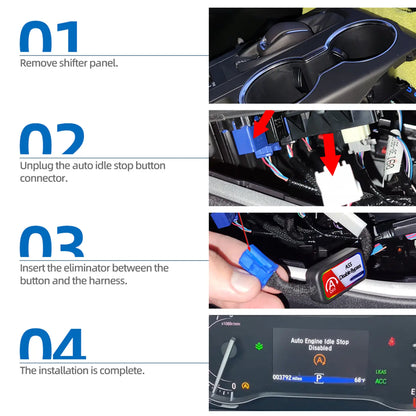 A four-step installation: Remove panel, unplug connector, insert ASS bypass module, and complete installation.