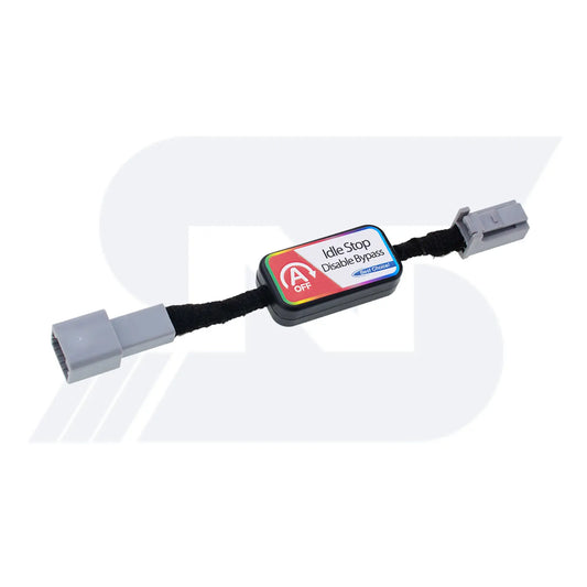 An Idle Stop Disable Bypass device with two gray connectors and a labeled module, designed to plug into a vehicle system to deactivate auto start-stop function.
