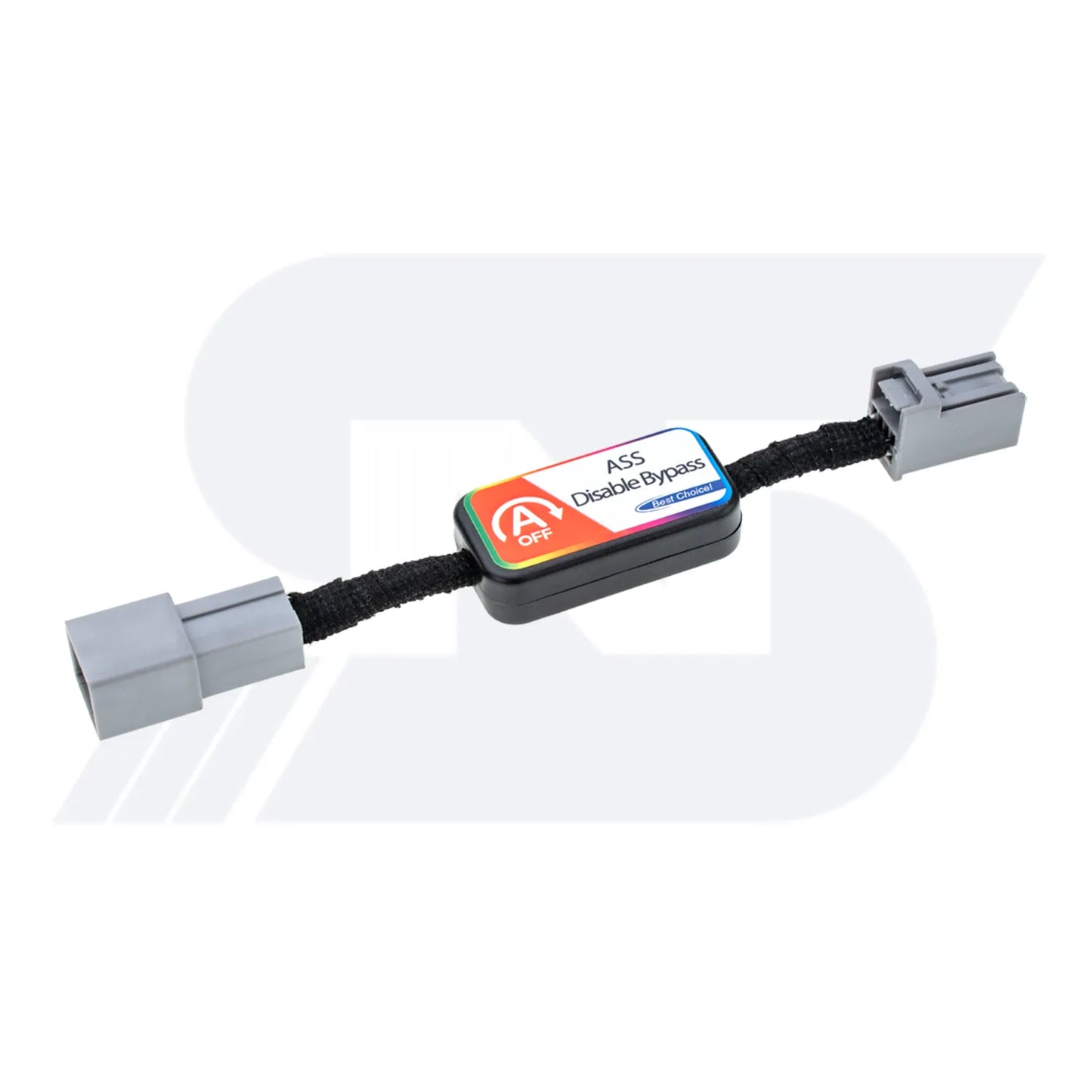 A black ASS Disable Bypass device with "A OFF" and "First Choice" labels, featuring gray connectors on both ends, used for automotive applications.