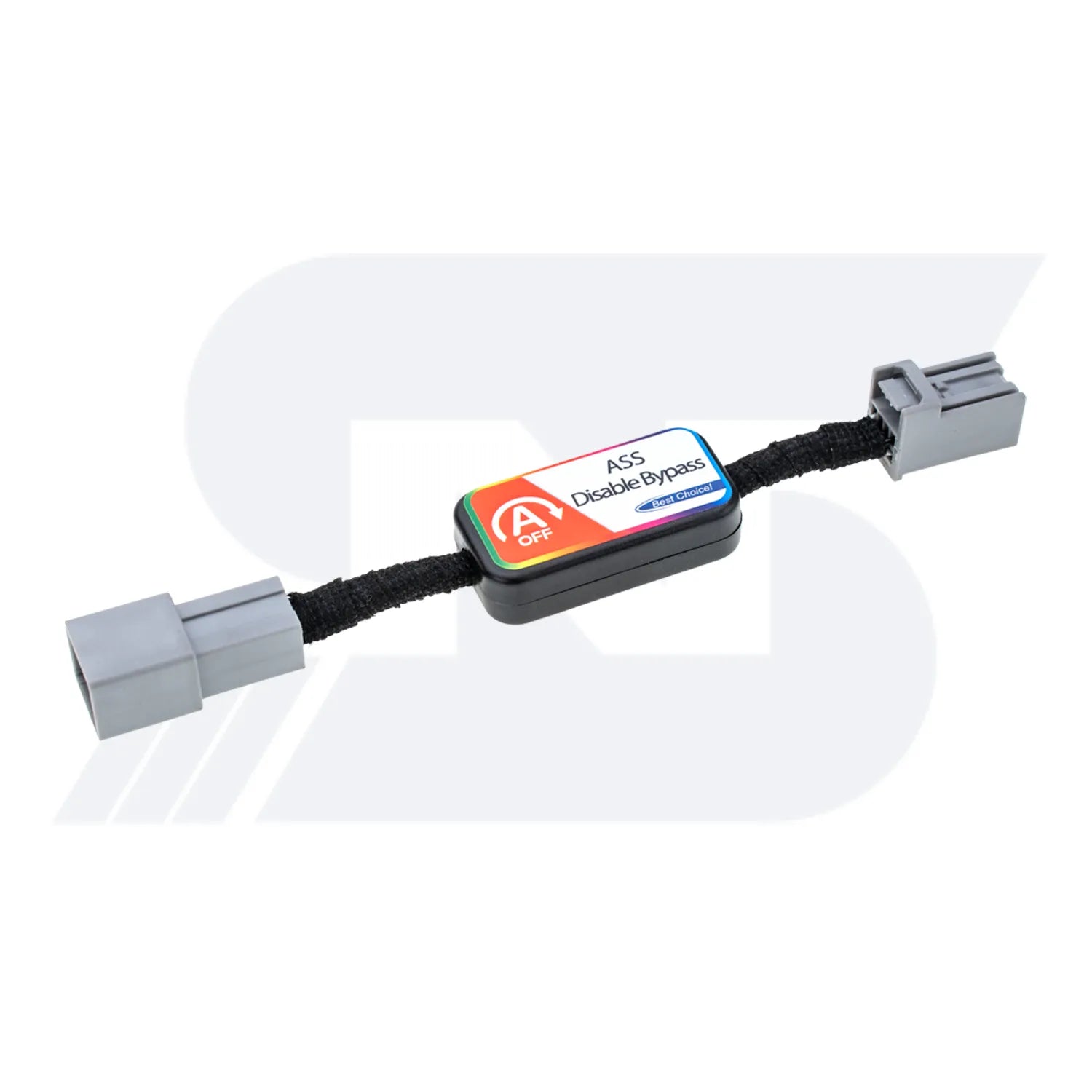 A black ASS Disable Bypass device with "A OFF" and "First Choice" labels, featuring gray connectors on both ends, used for automotive applications.