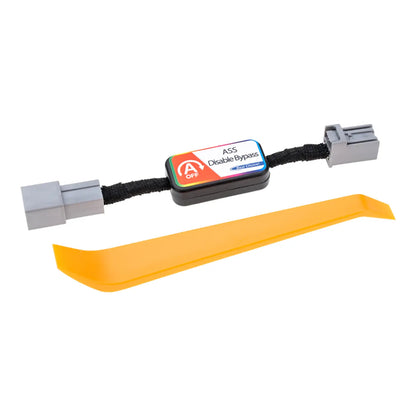 A black ASS Disable Bypass device with "A OFF" and "First Choice" labels, featuring gray connectors on both ends, used for automotive applications. A removal  tool is included in the package.