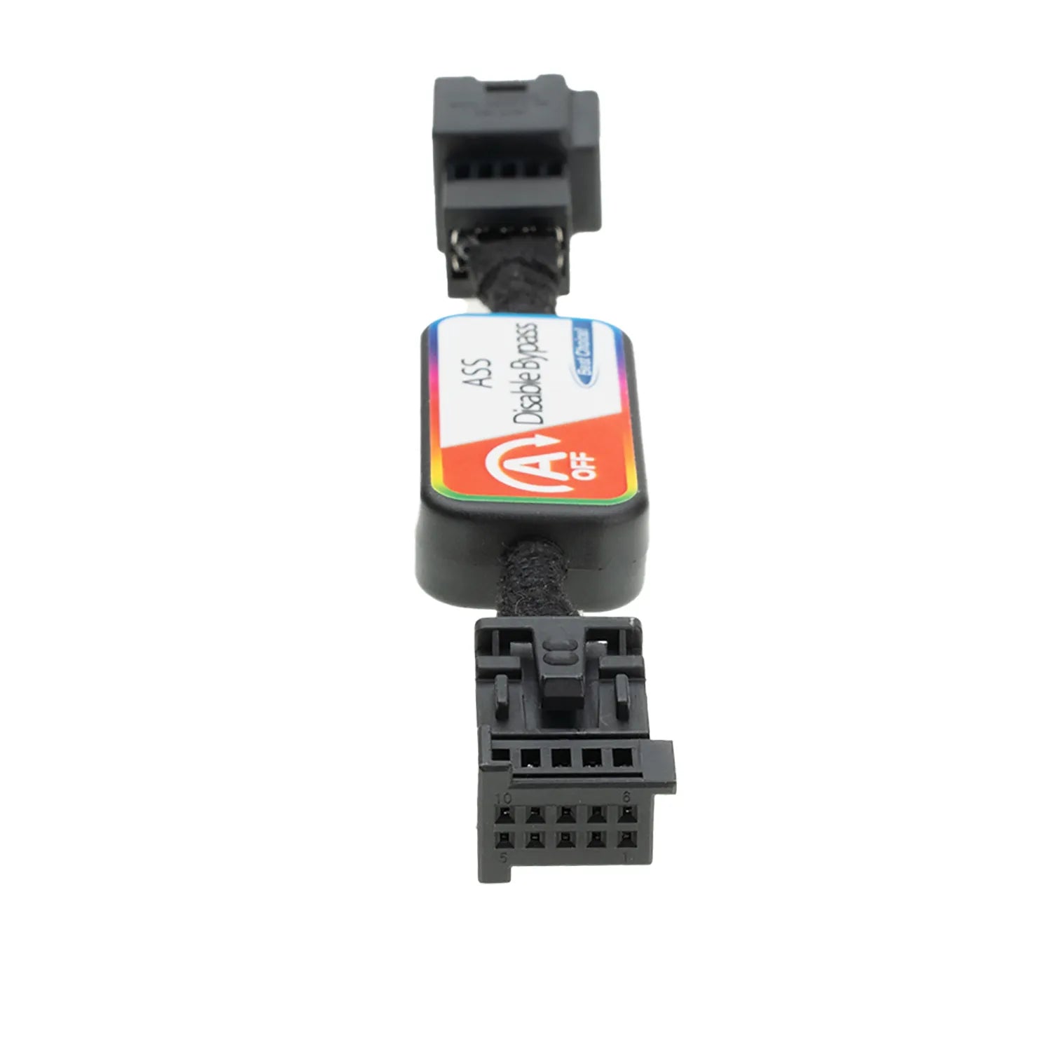 Car ASS Disable Bypass device with black connectors, labeled "ASS Disable Bypass." One of the connector is female 10-pin.