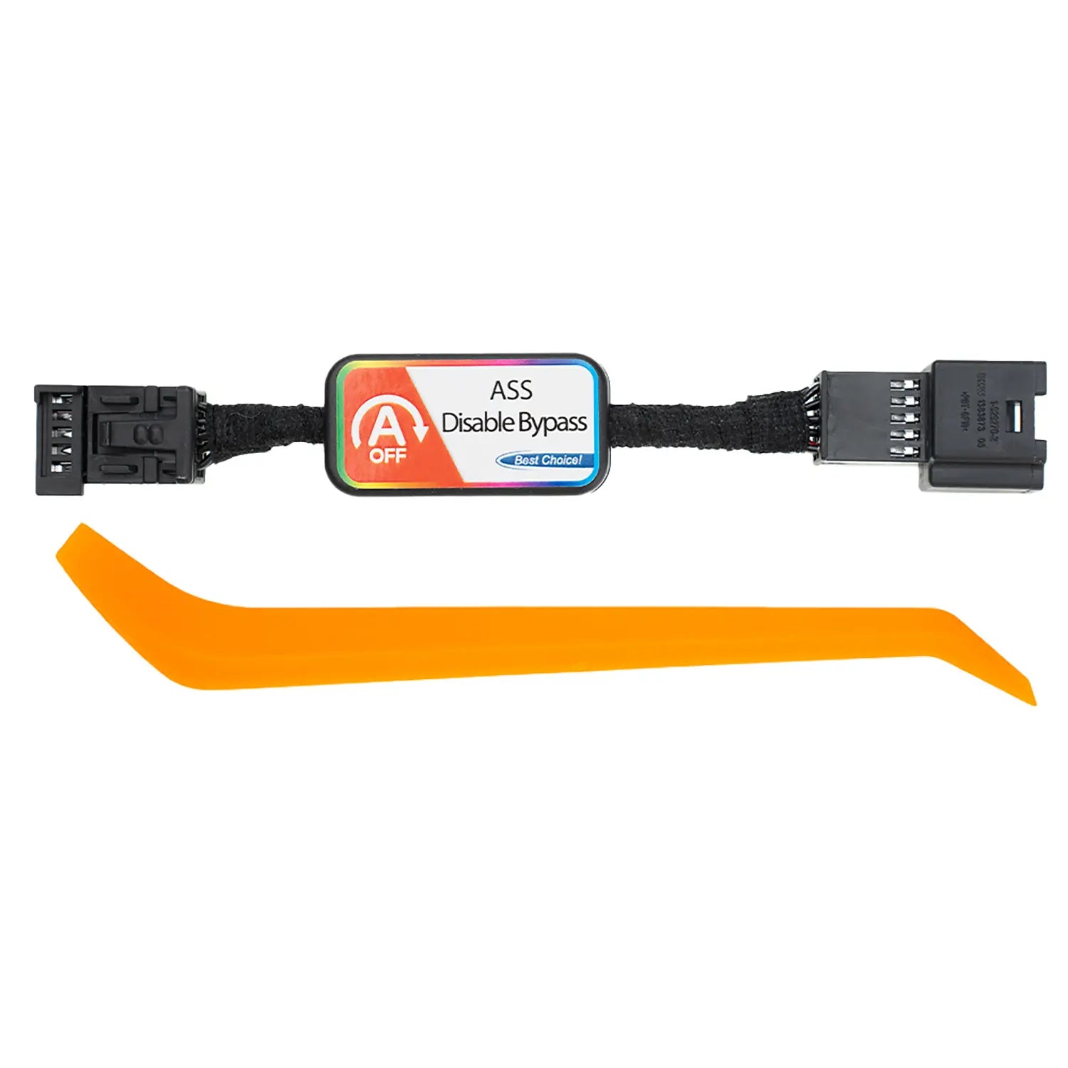 Car ASS Disable Bypass device with black connectors, labeled "ASS Disable Bypass." An orange removal tool is included in the package.