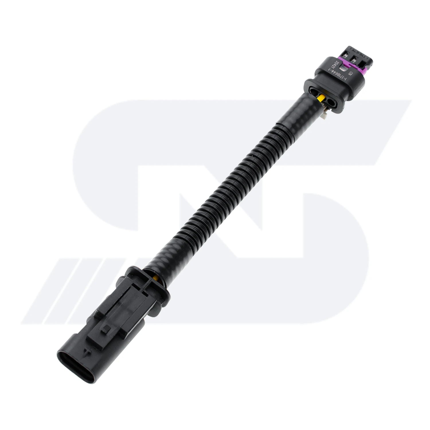 A black flexible cable with two distinct connectors, one circular on the left and a rectangular one with a purple mark on the right, featuring a spiral design for added flexibility and durability.