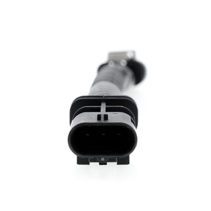 A black plastic wiring harness, featuring a circle shape, shows its interior with a three-pin male connector.