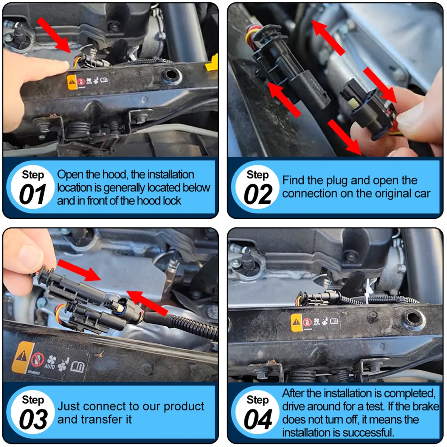 A four-step guide to install a disabler, showing how to open the hood, locate the connection, attach the new component, and test the installation by driving.