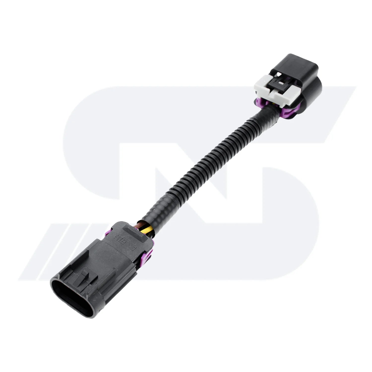 Automotive electrical connector with black housing and purple terminals, connected by a black corrugated tube for signal transmission.