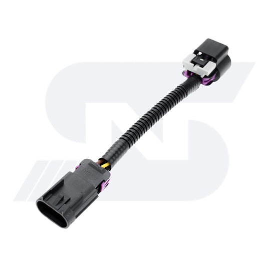 Automotive electrical connector with black housing and purple terminals, connected by a black corrugated tube for signal transmission.