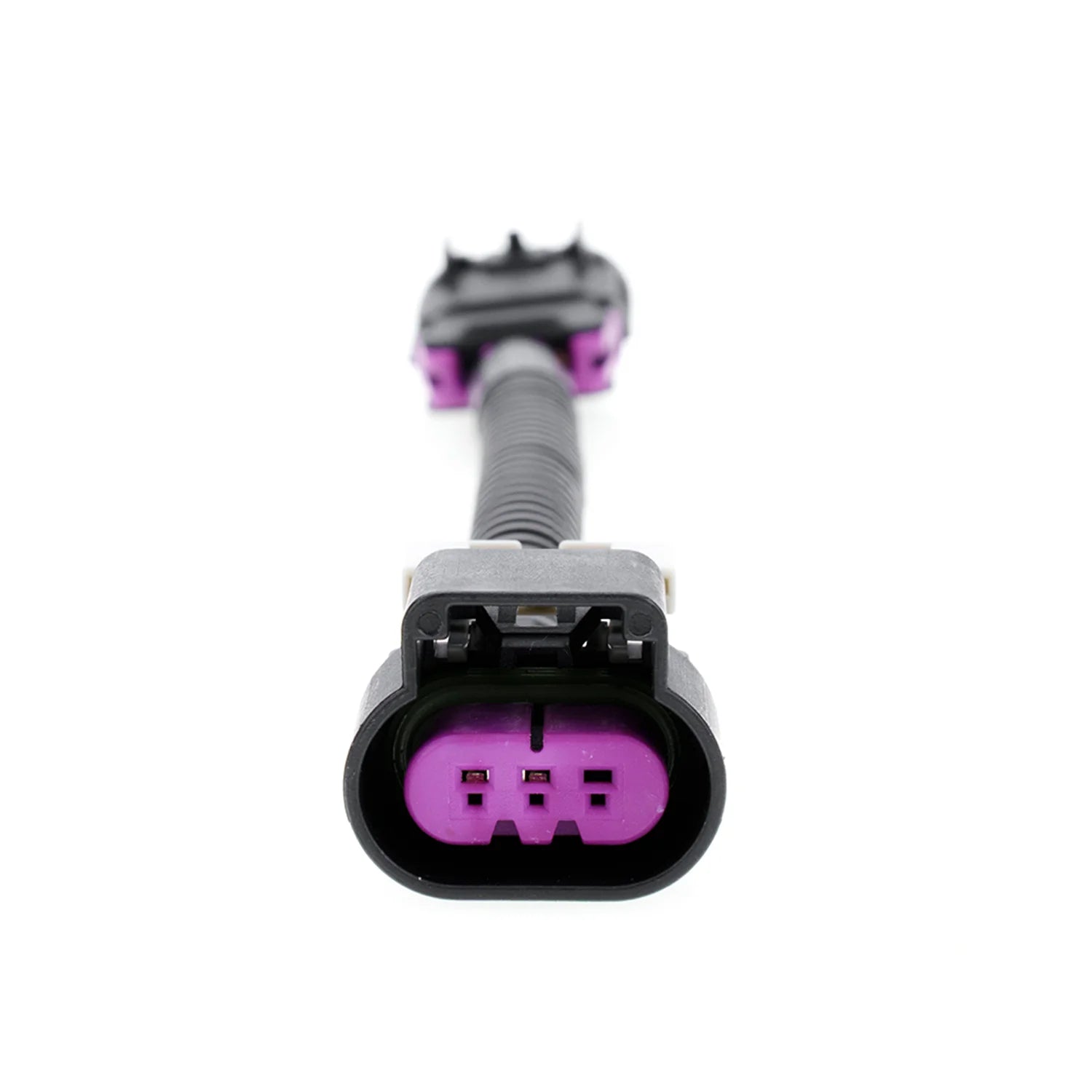 Automotive electrical connector with black housing and purple terminals, connected by a black corrugated tube for signal transmission. One connector is a 3-pin female connector.