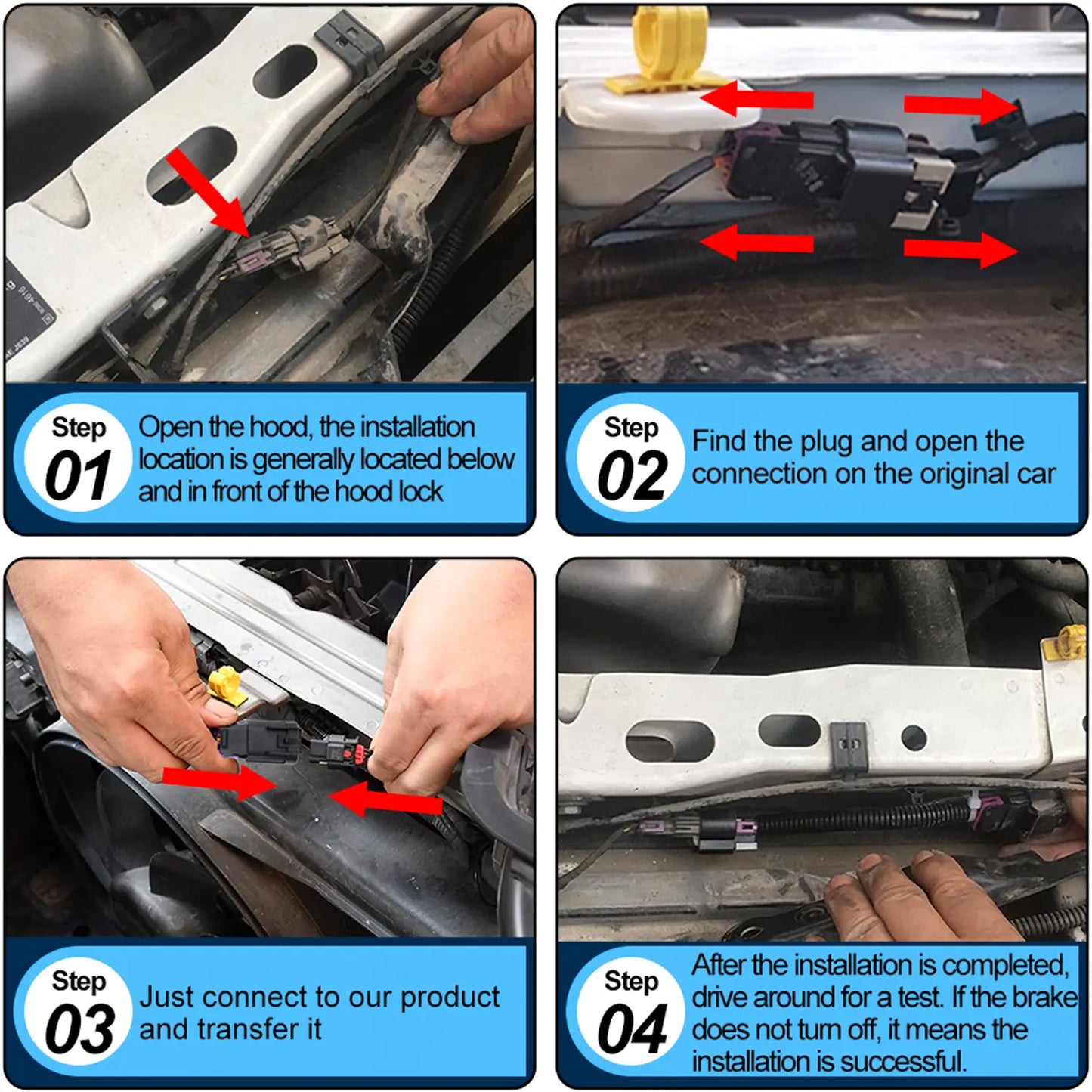 4-step installation guide: open hood, locate plug, connect product, test successful installation by ensuring brake light turns off after driving.