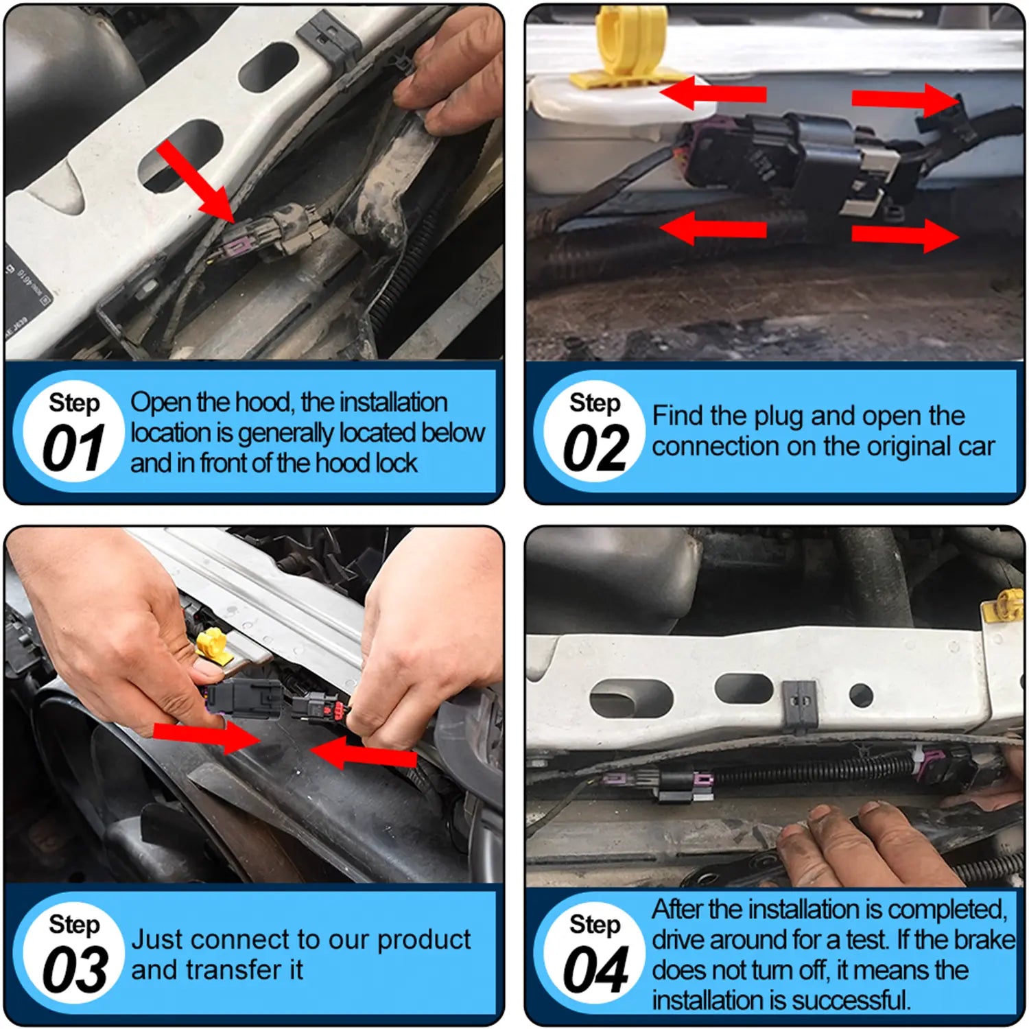 4-step installation guide: open hood, locate plug, connect product, test successful installation by ensuring brake light turns off after driving.
