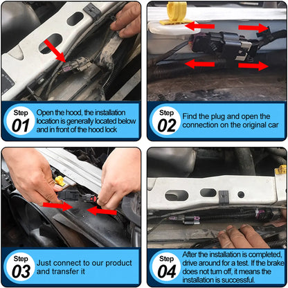 4-step installation guide: open hood, locate plug, connect product, test successful installation by ensuring brake light turns off after driving.