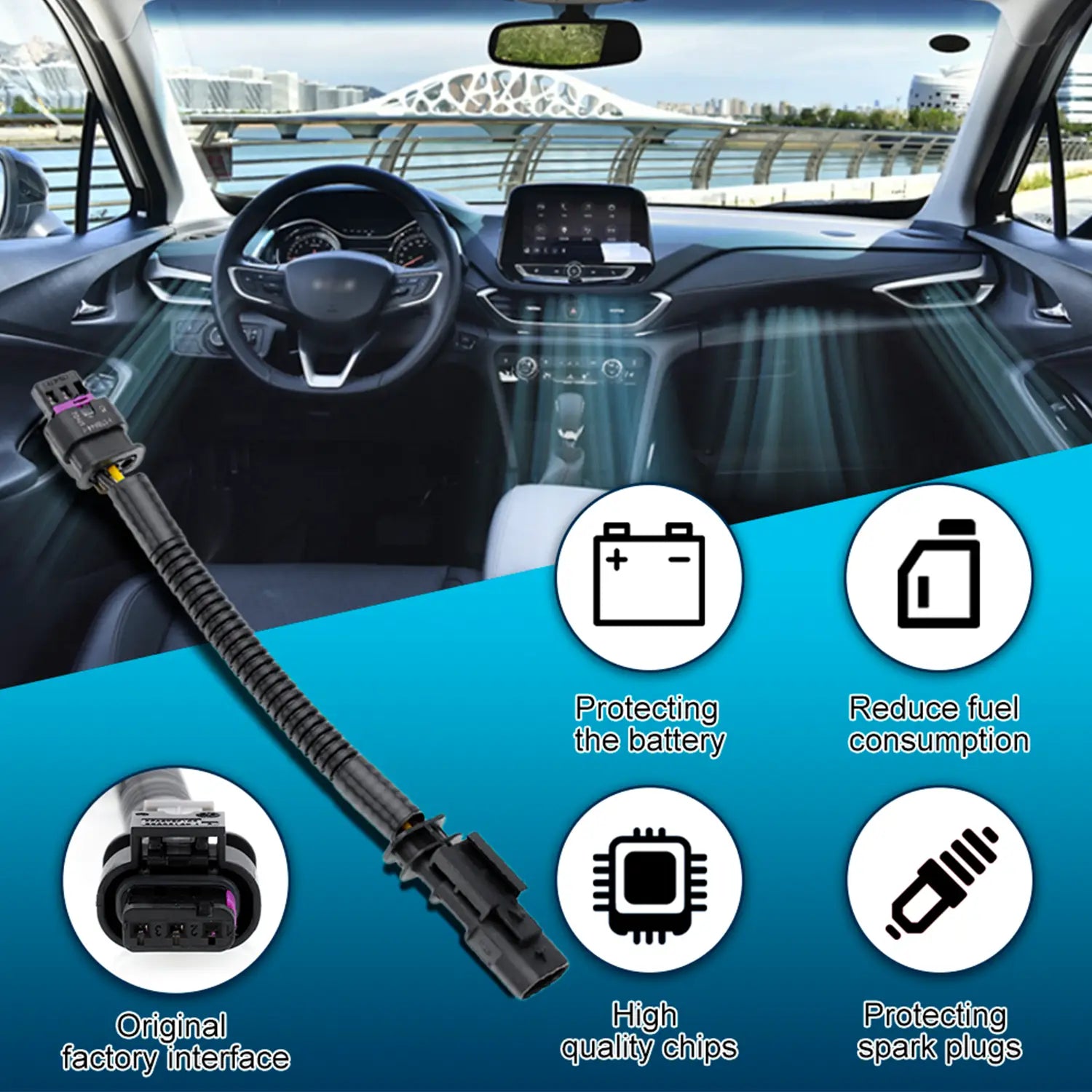 A car module designed to protect the battery, reduce fuel consumption, maintain original factory interface, use high-quality chips, and safeguard spark plugs.