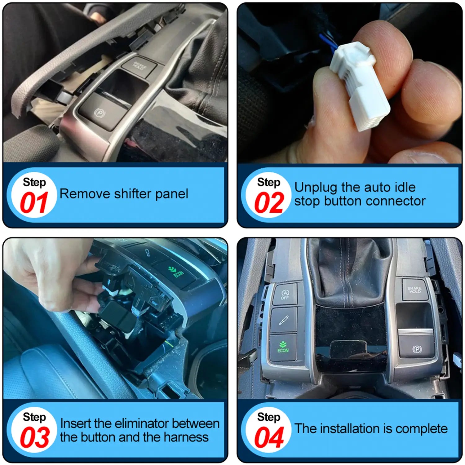 Auto Stop-Start Harness Installation Steps: Remove shifter panel, unplug connector, insert eliminator between button and harness, complete installation.
