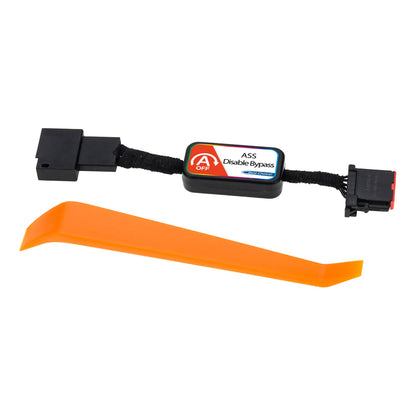 Black OBD2 cable with a switch labeled "ASS Disable Bypass" for car diagnostics. An orange plastic removal tool is included in the package.