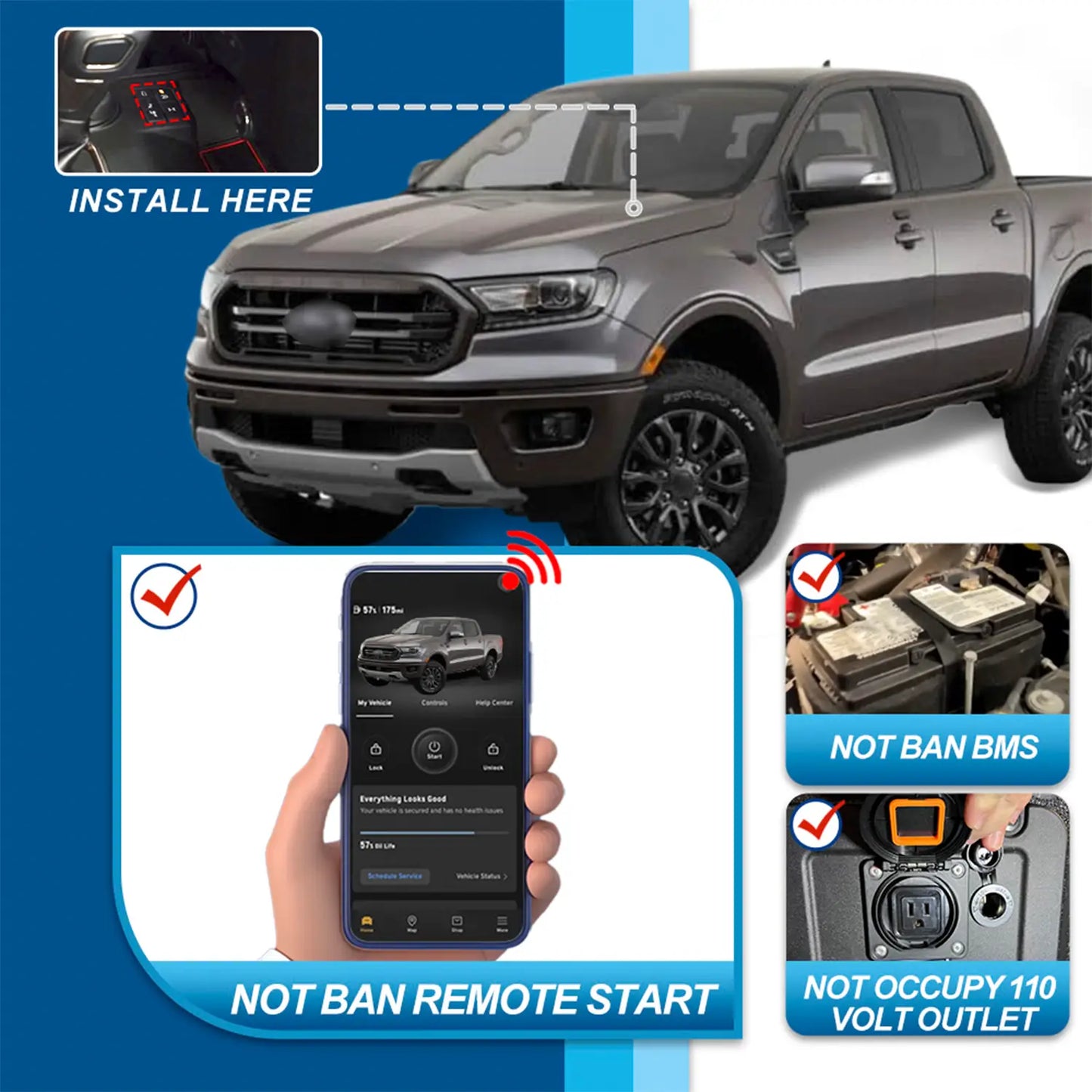 Ford truck with device installation location, remote start app connectivity, and features like BMS compatibility and 110V outlet preservation.