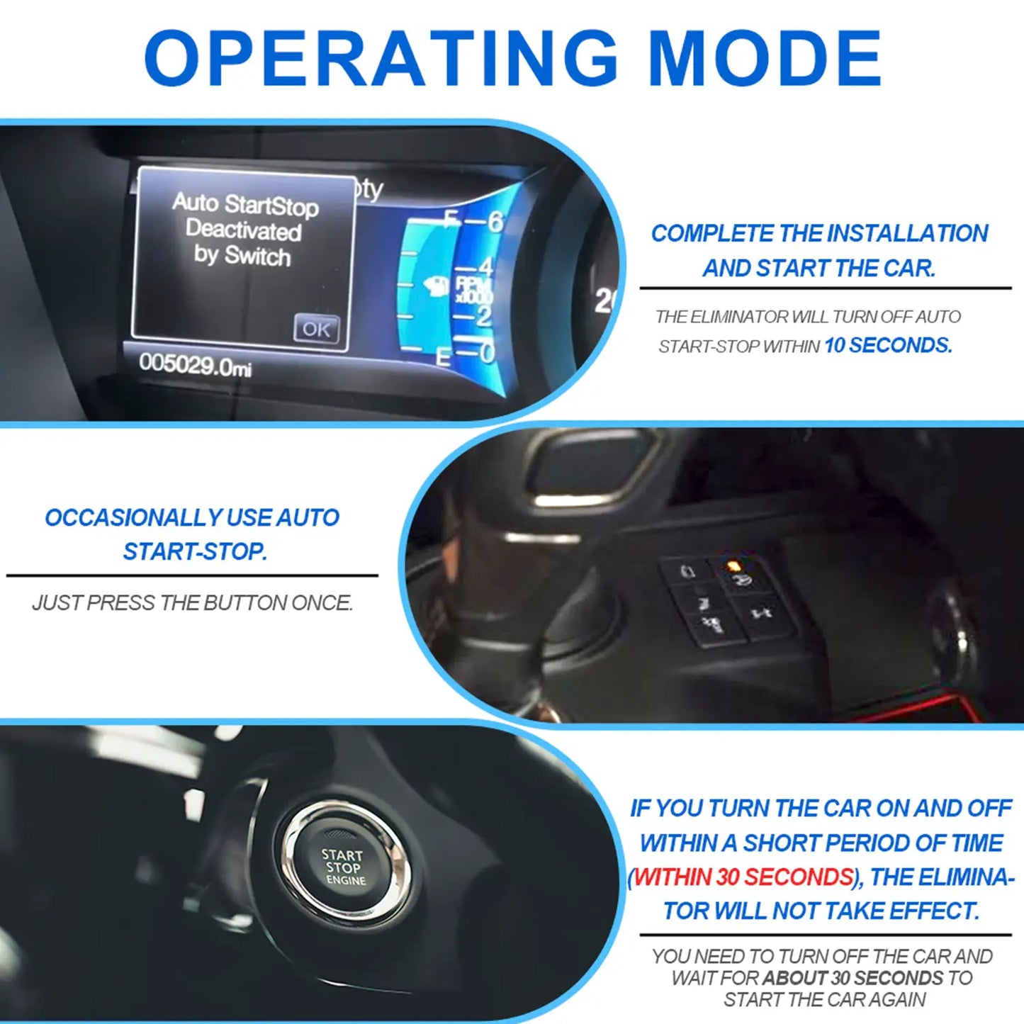 Instructions for disabling car auto start-stop via switch: install, start car, system deactivates within 10 seconds. Occasional manual override available.