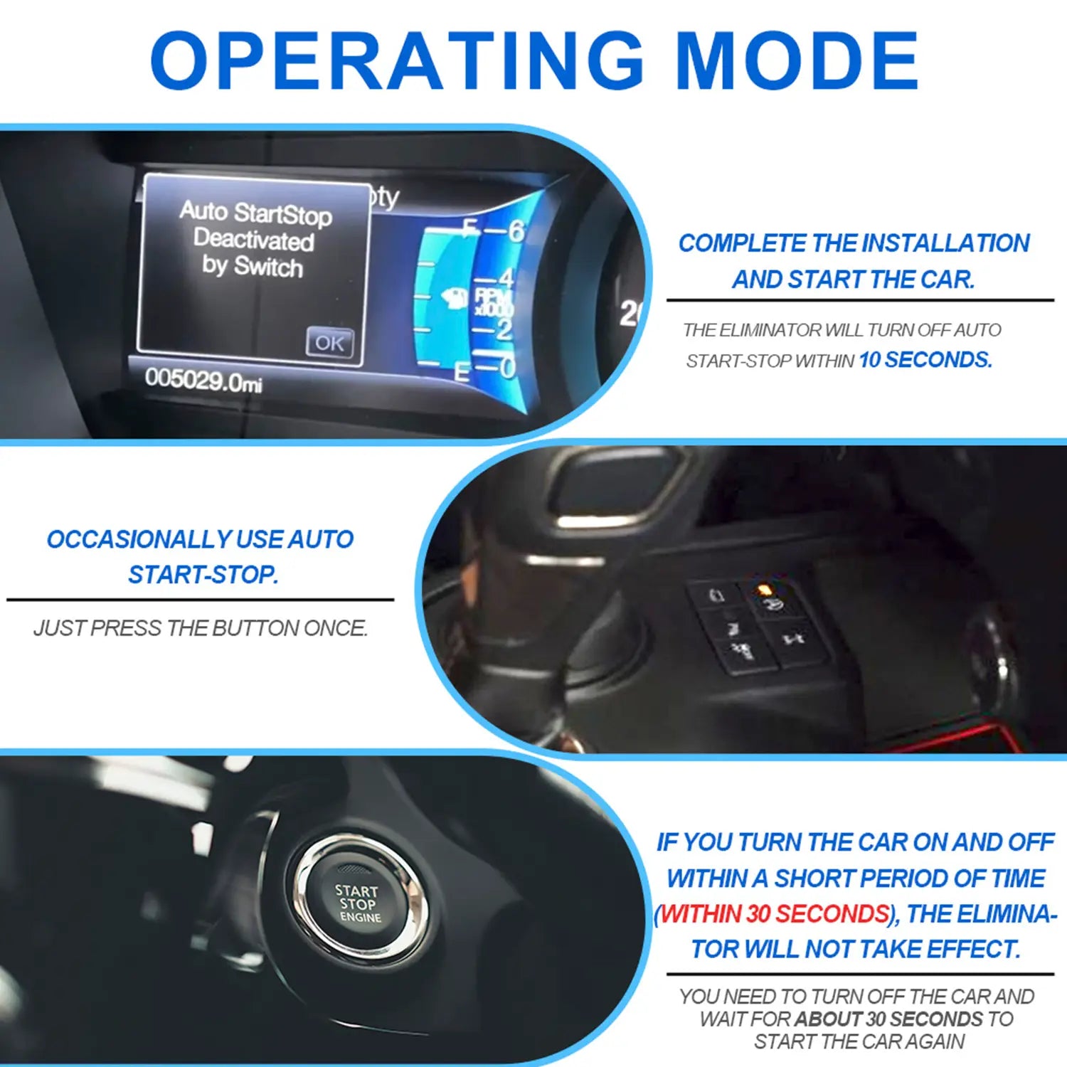 Instructions for disabling car auto start-stop via switch: install, start car, system deactivates within 10 seconds. Occasional manual override available.
