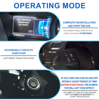 Instructions for disabling car auto start-stop via switch: install, start car, system deactivates within 10 seconds. Occasional manual override available.