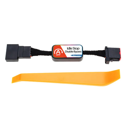 Idle Stop Disable Bypass Device, black cable with connectors, labeled with "Idle Stop Disable Bypass" and "Best Control." An orange plastic removal tool is included in the package.