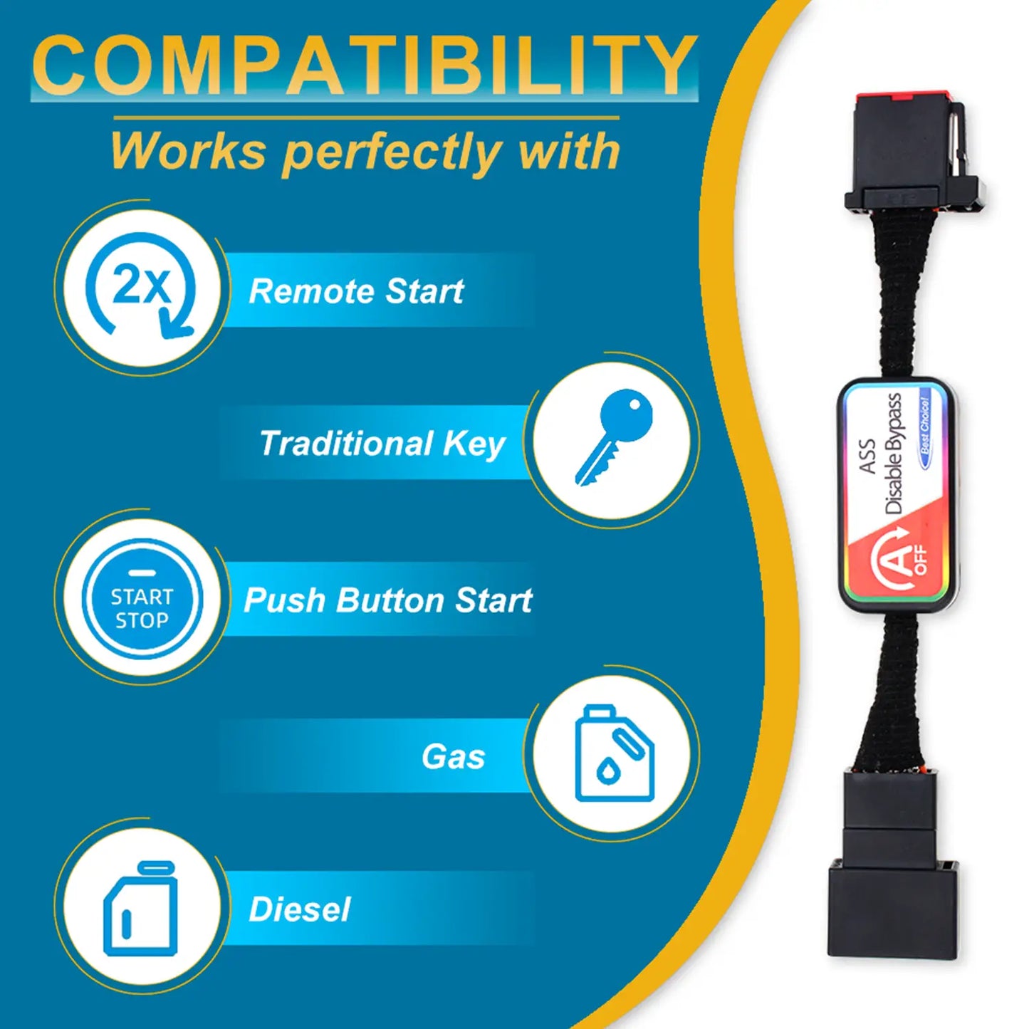 Automotive compatibility device works with remote start, traditional key, push button start, gas and diesel systems, shown with blue background and icons.
