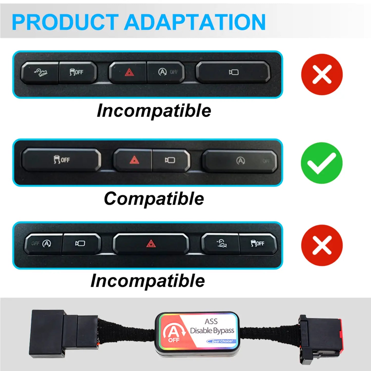 Automotive adaptation chart shows compatible and incompatible systems for device with A Off function, using checkmarks and X marks.