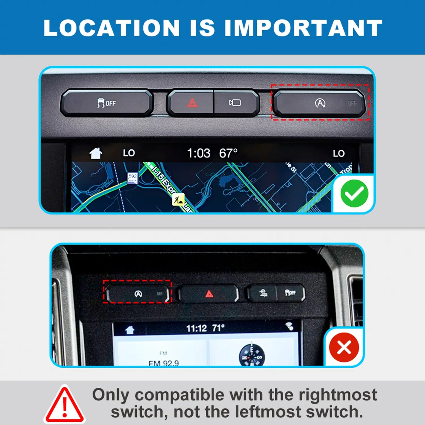 Automotive installation guide shows correct and incorrect device placement, emphasizing compatibility with rightmost switch only.