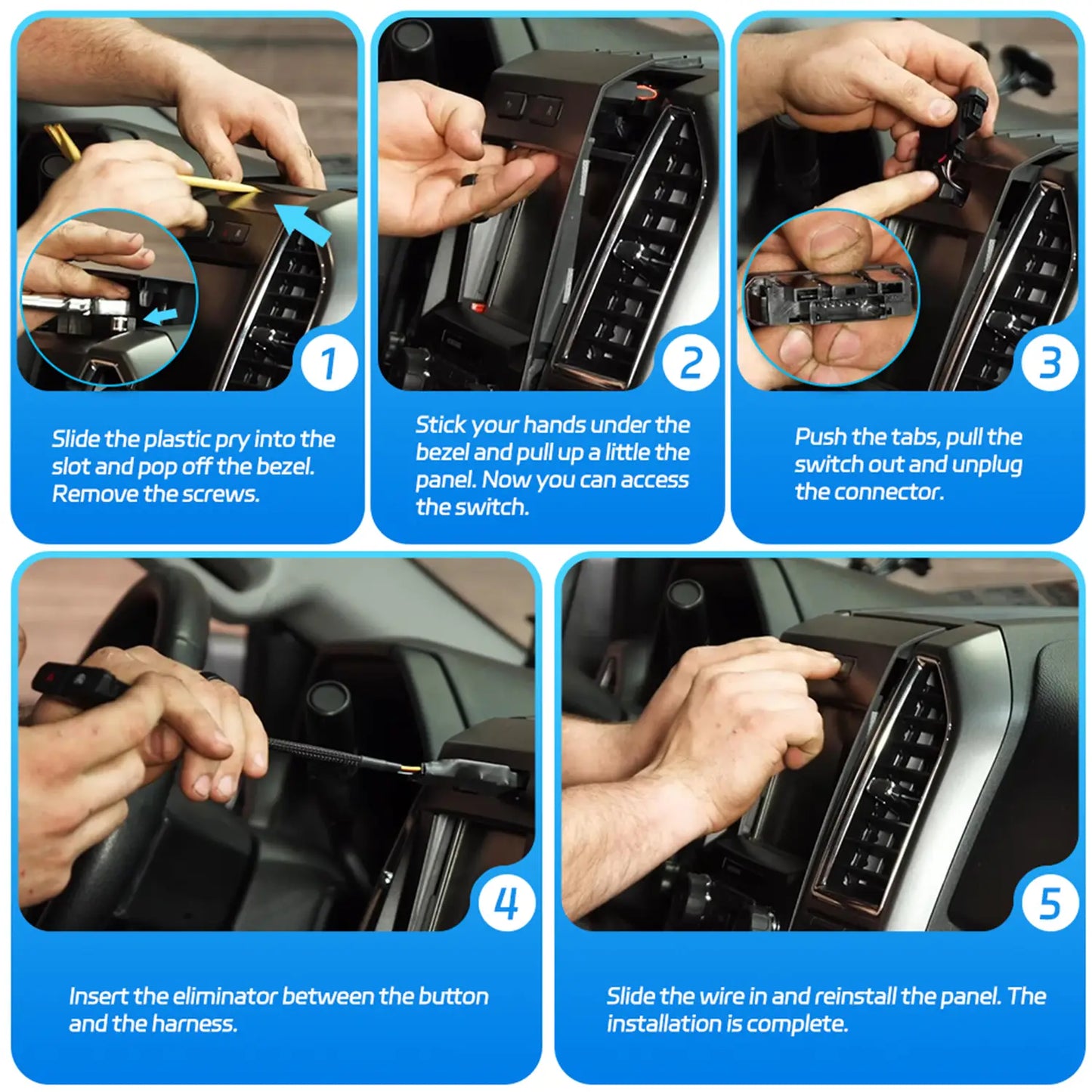 Automotive installation steps: remove bezel, access switch, unplug connector, insert eliminator, and reinstall panel.
