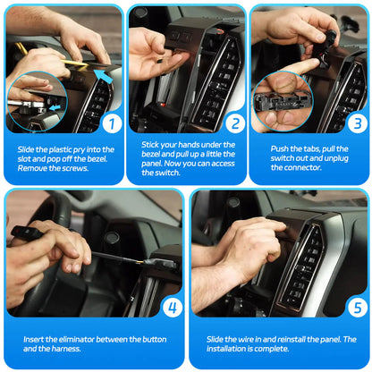Automotive installation steps: remove bezel, access switch, unplug connector, insert eliminator, and reinstall panel.