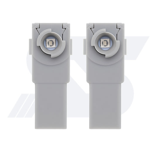 Two gray plastic objects with circular tops, featuring a 5050SMD white LED chip.