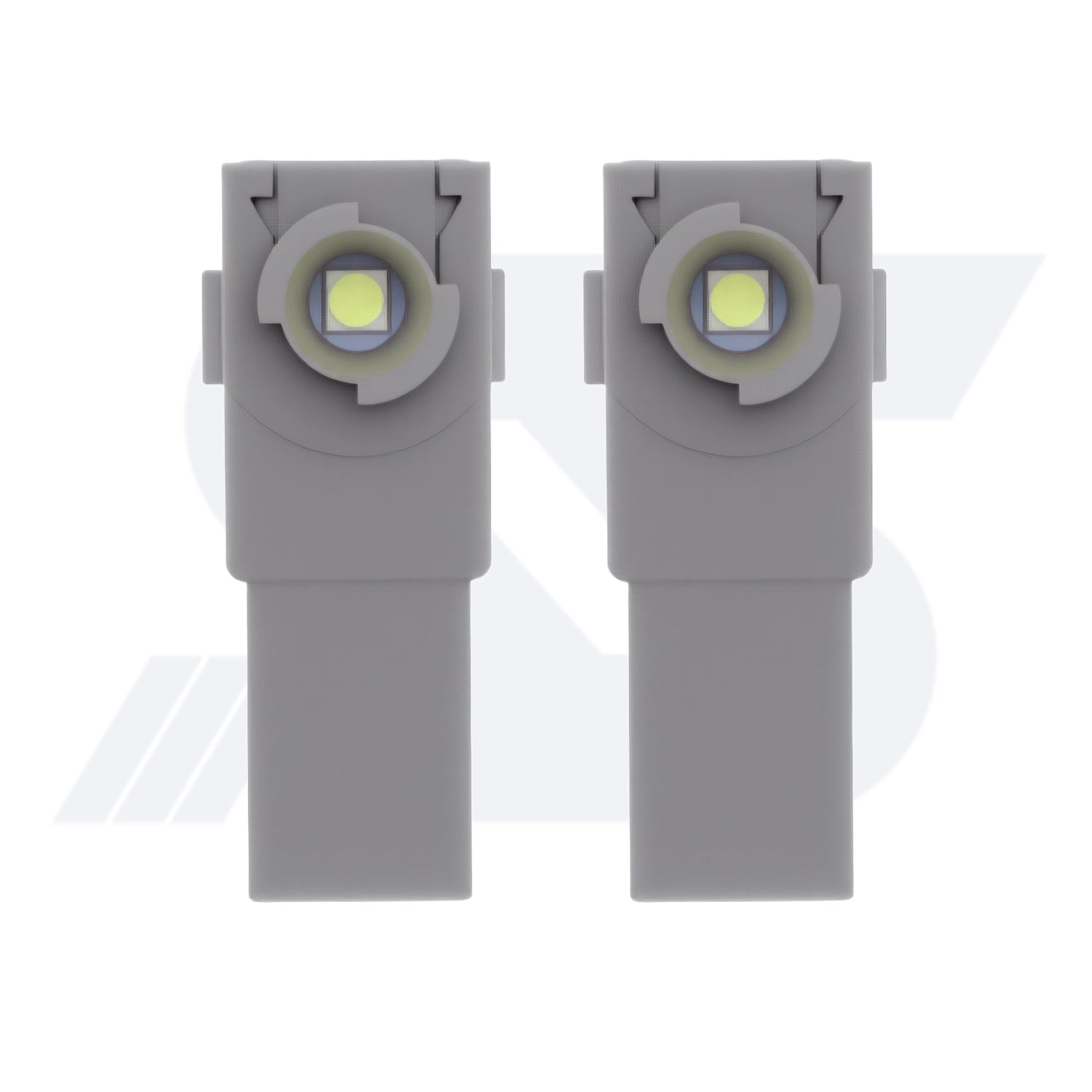 Two gray plastic objects with circular tops, featuring a 5050SMD light yellow LED chip.