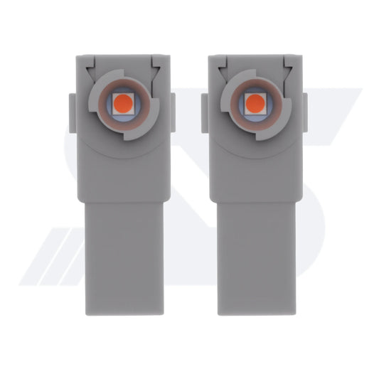 Two gray plastic objects with circular tops, featuring a 5050SMD orange LED chip.