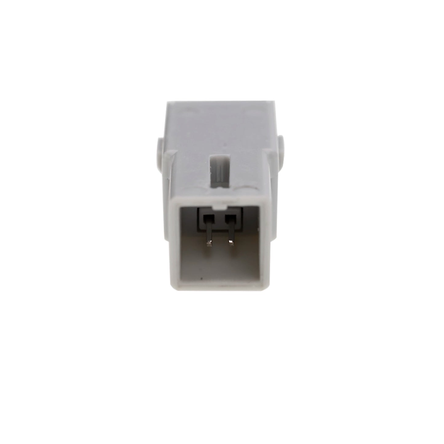 A gray plastic object, featuring a rectangular shape and a slot-like opening, shows its interior with a two-pin connector.