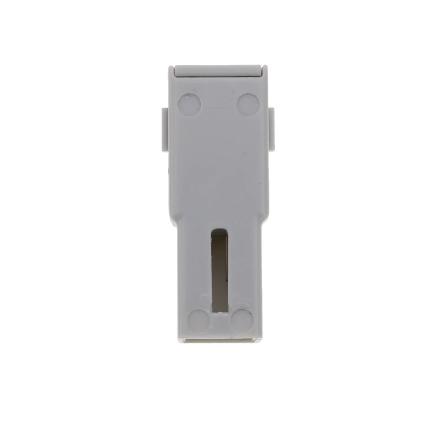 A gray plastic component with a rectangular shape, featuring two circular holes and a long slot in the center, used for mounting or connecting purposes.