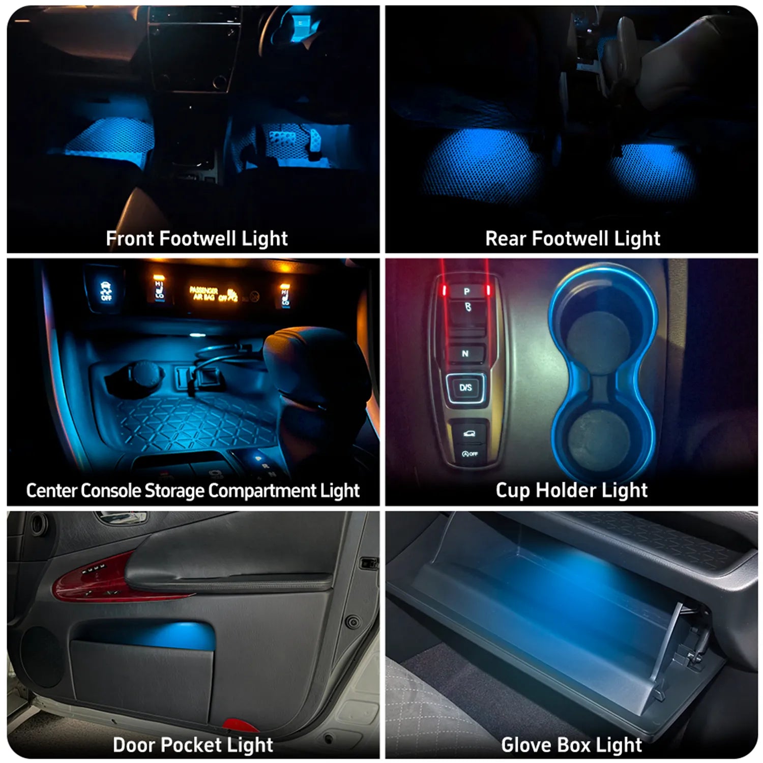 A collage showcasing various interior ambient LED lights for a vehicle, including front and rear footwell lights, center console storage compartment light, cup holder light, door pocket light, and glove box light, all illuminated in shades of ice blue .