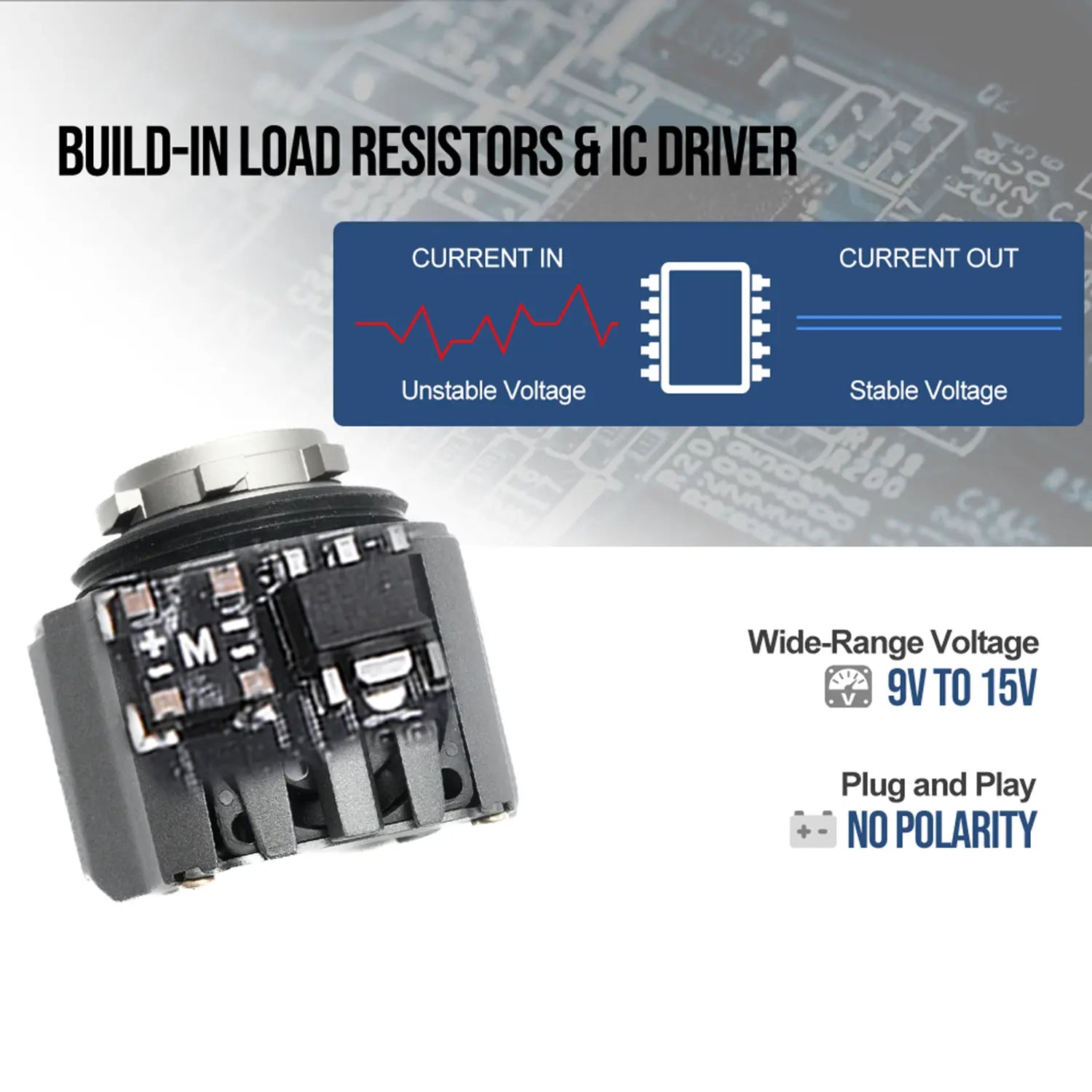 A LW5B LED light bulb with built-in load resistors and IC driver, ensuring stable voltage output between 9V to 15V, plug-and-play installation, and no polarity.