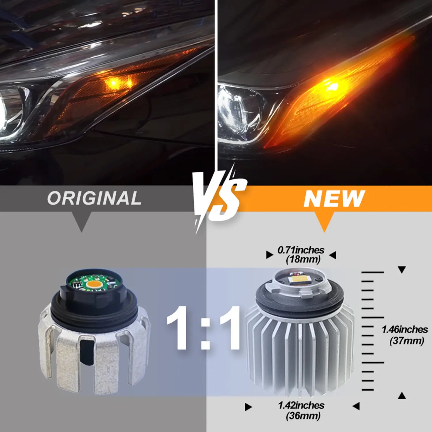 A comparison of original and new LED LY5B light bulbs, highlighting the new bulb's design, LED chips, and dimensions (0.71x1.42x1.46 inches). New module is much brighter than the original one.