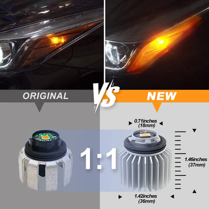 A comparison of original and new LED LY5B light bulbs, highlighting the new bulb's design, LED chips, and dimensions (0.71x1.42x1.46 inches). New module is much brighter than the original one.