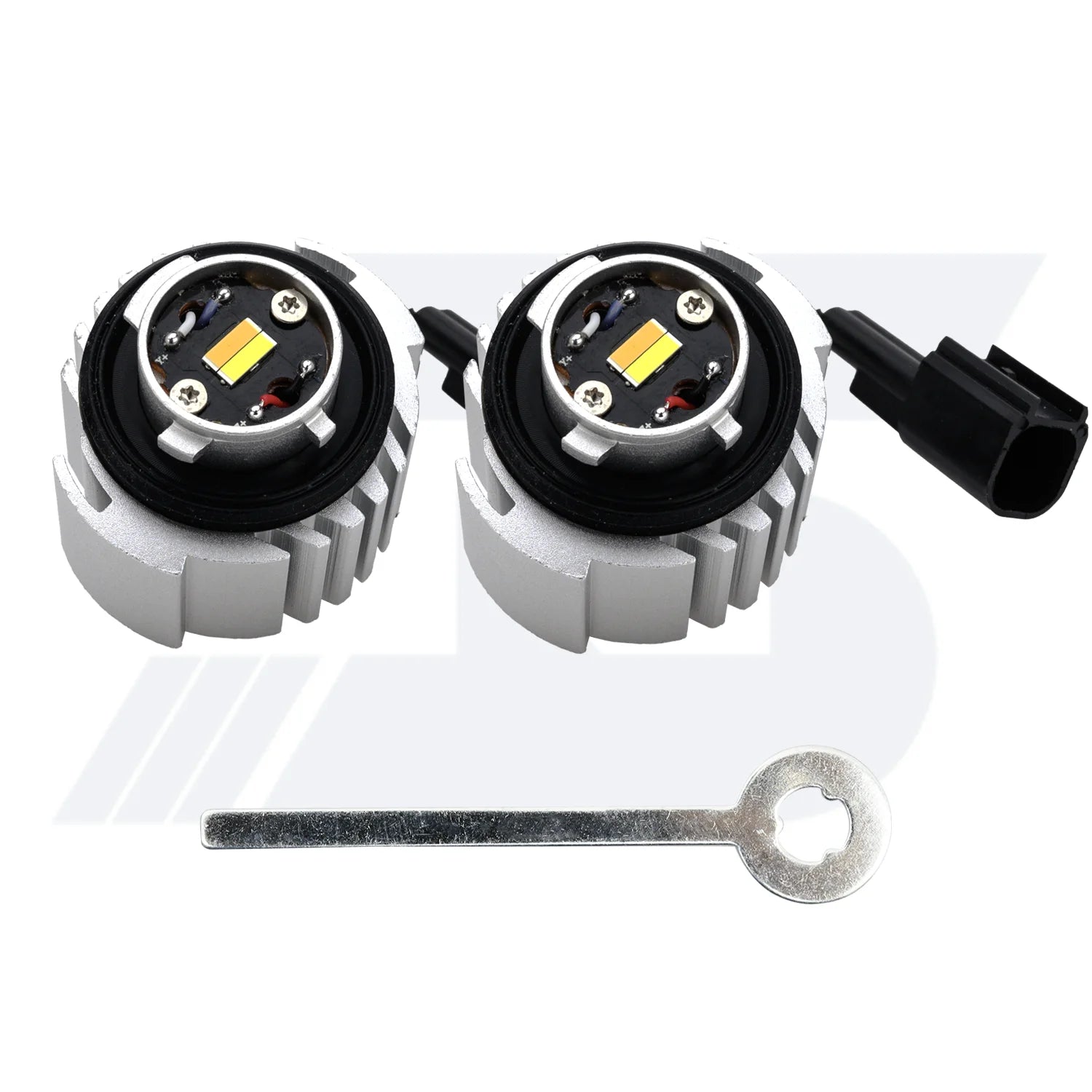 A pair of L1B LED light bulbs with aluminum heat sinks and LED chips, including an installation tool for easy mounting.