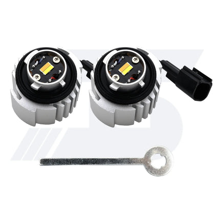 A pair of L1B LED light bulbs with aluminum heat sinks and LED chips, including an installation tool for easy mounting.
