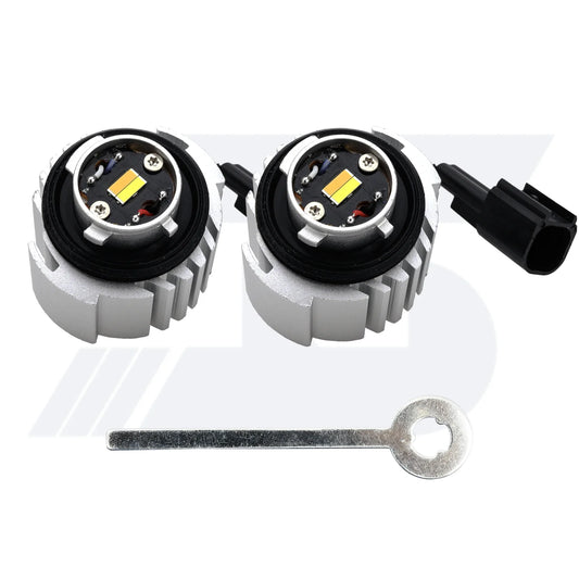 A pair of L1B LED light bulbs with aluminum heat sinks and LED chips, including an installation tool for easy mounting.