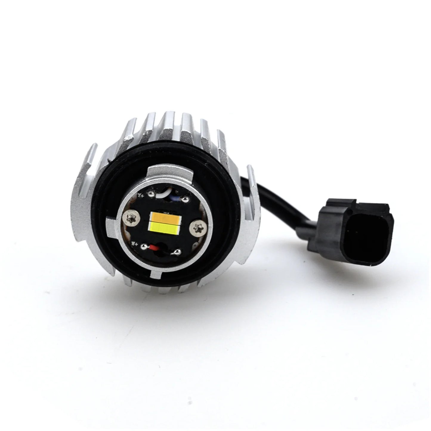 An LED L1B fog light module with aluminum heat sinks and LED chips, featuring a black connector for secure installation.