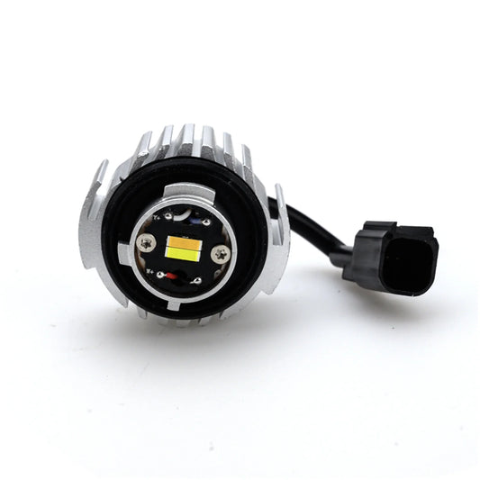An LED L1B fog light module with aluminum heat sinks and LED chips, featuring a black connector for secure installation.