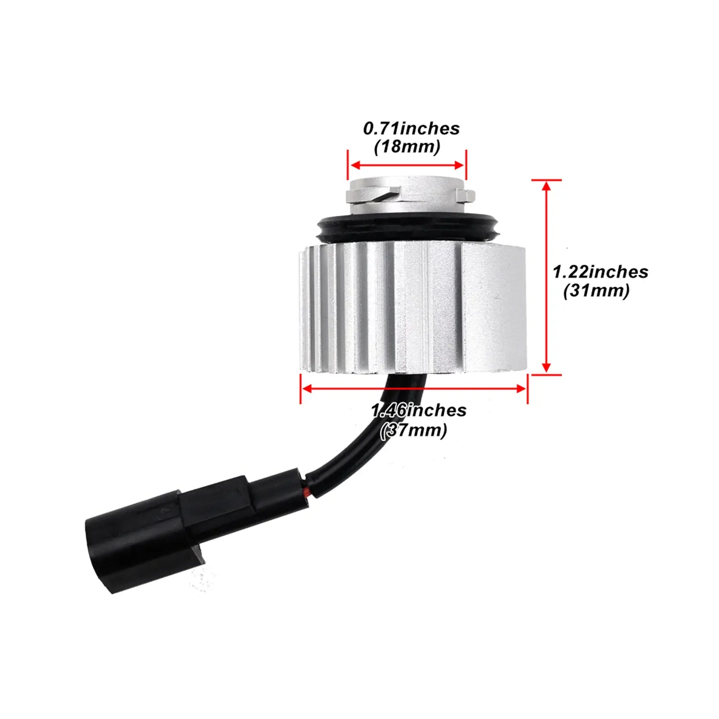 An LED L1B fog light bulb with aluminum heat sinks and LED chips, featuring a black connector. Dimensions: 1.46 inches diameter, 1.22 inches height.