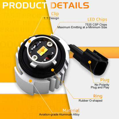 An LED L1B fog light bulb with 7535 CSP chips, aviation-grade aluminum alloy, rubber O-ring, and plug-and-play design for easy installation.
